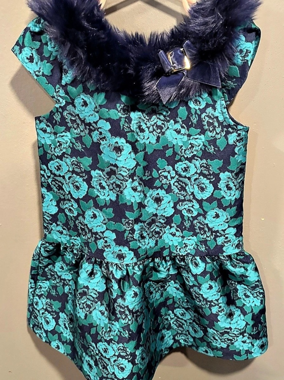 Janie and Jack Snow Dance Floral Jacquard Faux Fur Collar Dress Girls size 5